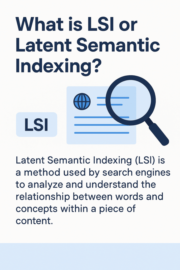 Diagram showing how latent semantic indexing connects related terms and extracts meaning from documents using a matrix and SVD technique.”