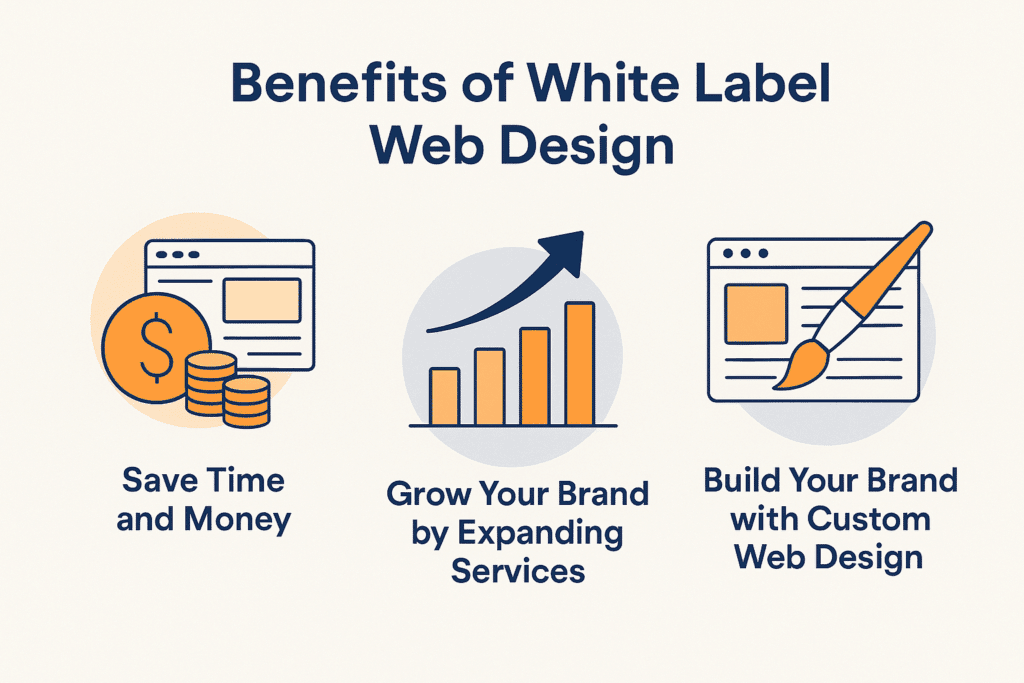 Infographic showing key benefits of white label web design, including time saving, brand growth, and cost efficiency