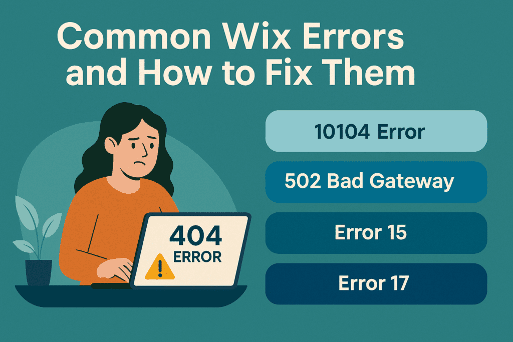 Infographic showing a frustrated woman facing a 404 error on her laptop, with a list of common Wix issues like 10104 Error, 502 Bad Gateway, Error 15, and Error 17 on a teal background.

